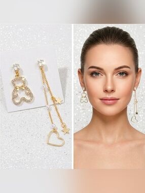 Gold Plated White Crystal Teddy Bear Heart Earrings With Silver Post